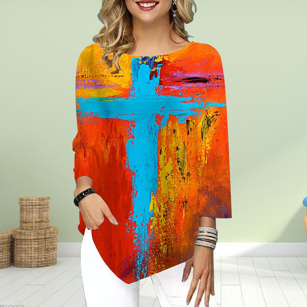 Women's Three Quarter Sleeve Round-Neck T-Shirt Loose Shirts Casual Colorful Cross Print Tee Tops