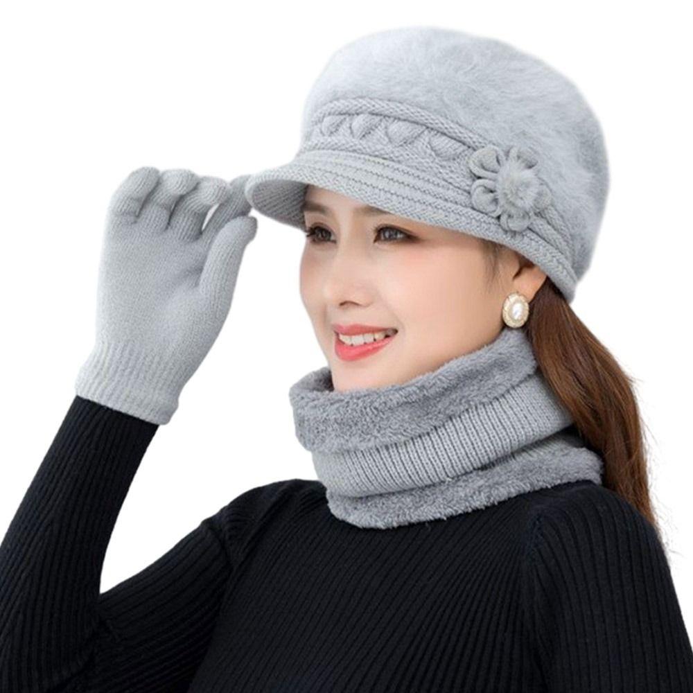 3Pcs/Set Neck Protection Scarf Gloves Set Soft Beanies Hat Winter Knitted Hat  Women