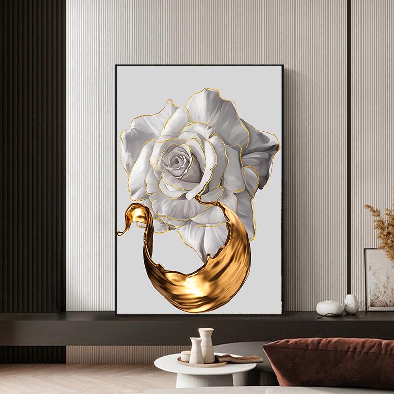 White Rose Flower Golden Ink Splash Abstract Poster Nordic Art Plant Canvas Painting Modern Wall Picture for Living Room Decor