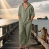 Men's Linen Long Sleeve Hooded Shirt and Pants Casual Beach Set
