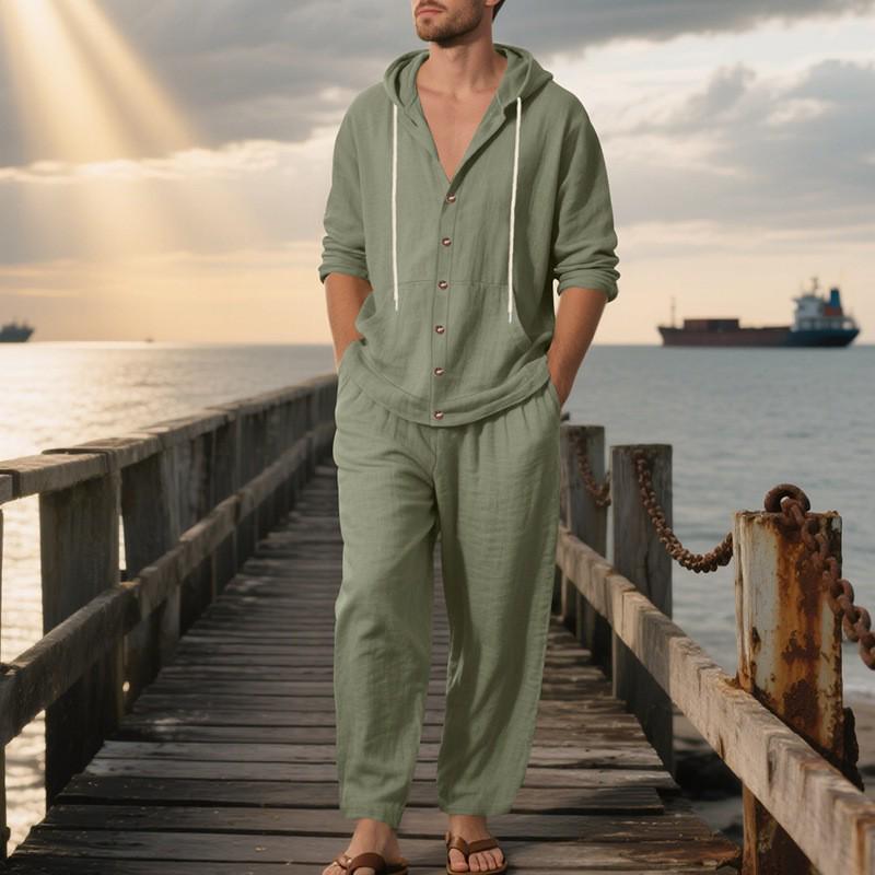 Men's Linen Long Sleeve Hooded Shirt and Pants Casual Beach Set