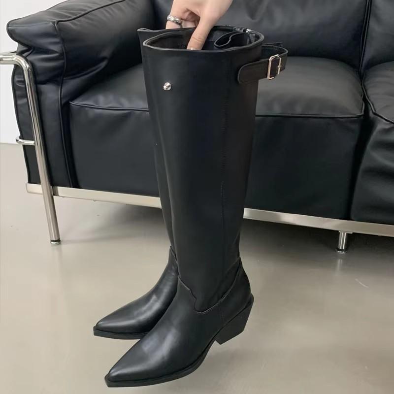Fashion Eilyken New Design Belt Buckle Pointed Toe Women Knee-High Boots Winter Vintage Square Low Heels Female Shoes