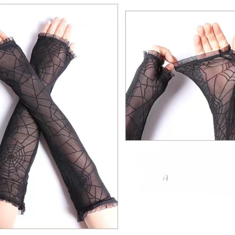 Gothic Lolita Mädchen Schwarz Spinnennetz Handschuhe Fingerlos Spitze Netz Fäustlinge Punk Harajuku Frauen Sexy Halbfingerlänge Ärmel Neu