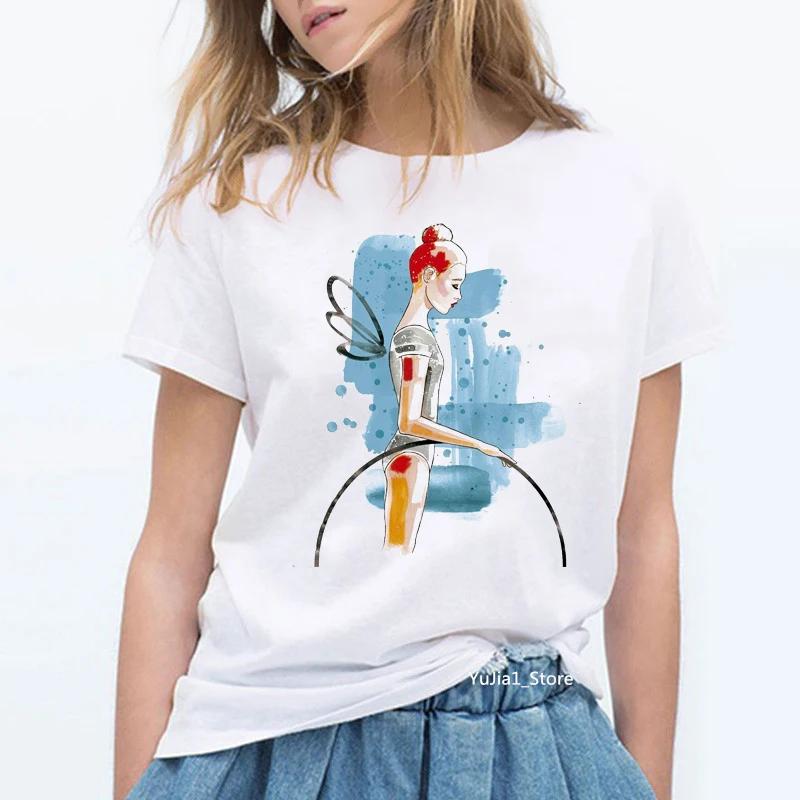 Summer 2024 Watercolor Ballet Dancer Printed Girl Black T Shirt Kawaii Gymnastics Dance Lover Gift Tee Shirt Femme Custom Tshirt