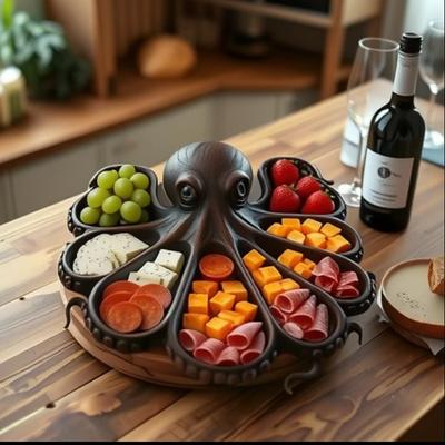 Platou cu caracatiță gătită, platou cu fructe, platou cu mezeluri și caracatiță