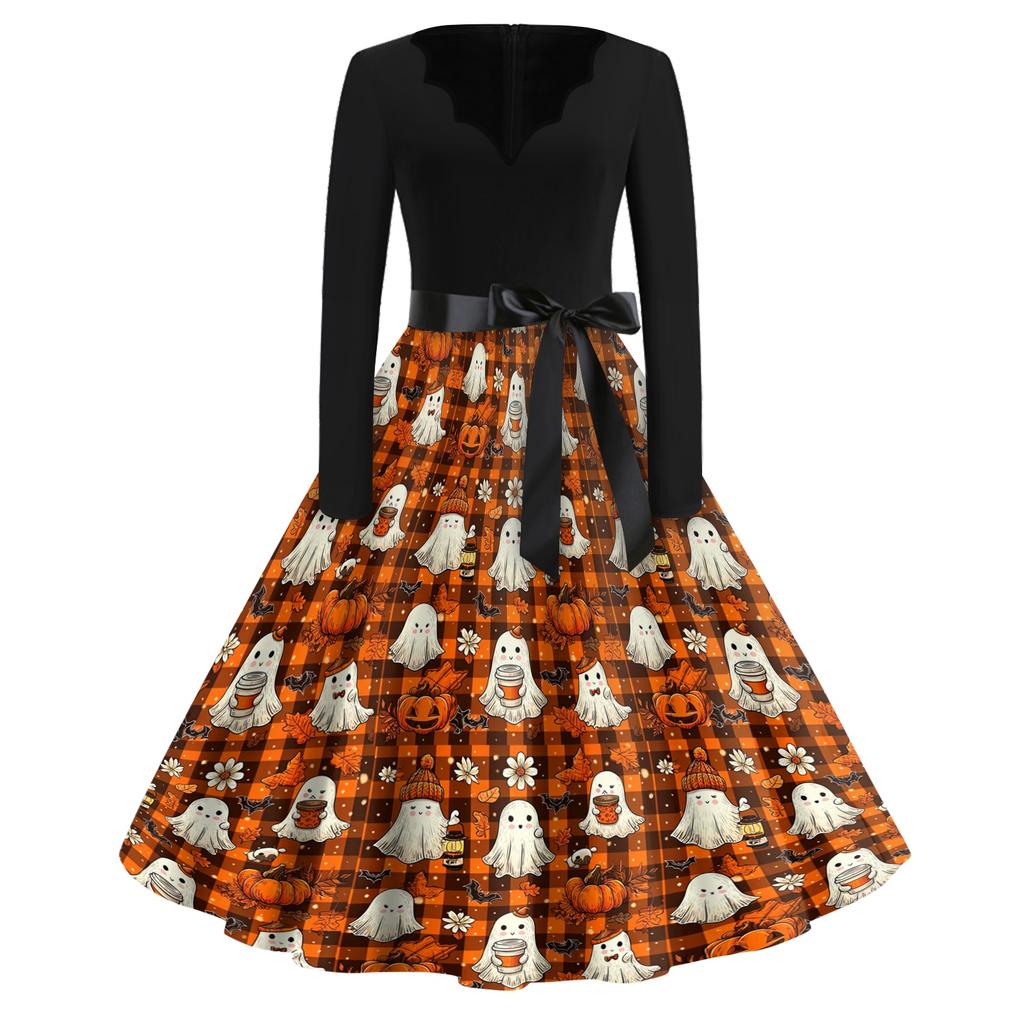Women Long Sleeve V Neck Dress Vintage Halloween Print Midi Dress with Waist Tie Retro Casual Fit and Flare Dress for Daily Wear