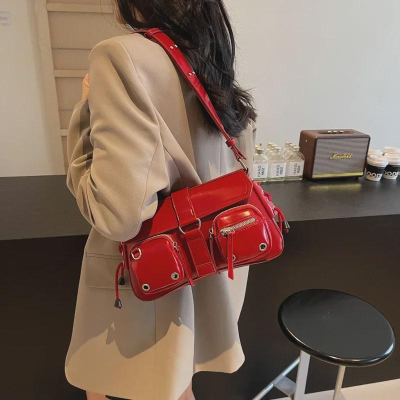 Textured Trendy Hot Girl 2024 Baguette Shoulder & Messenger Motorcycle Bag