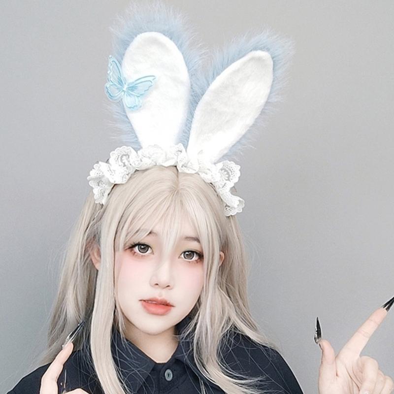 Plush Sweet Rabbit Ears Headband With Elegant Lace And Bowknot Detachable For Cosplay Party And Daily Wear