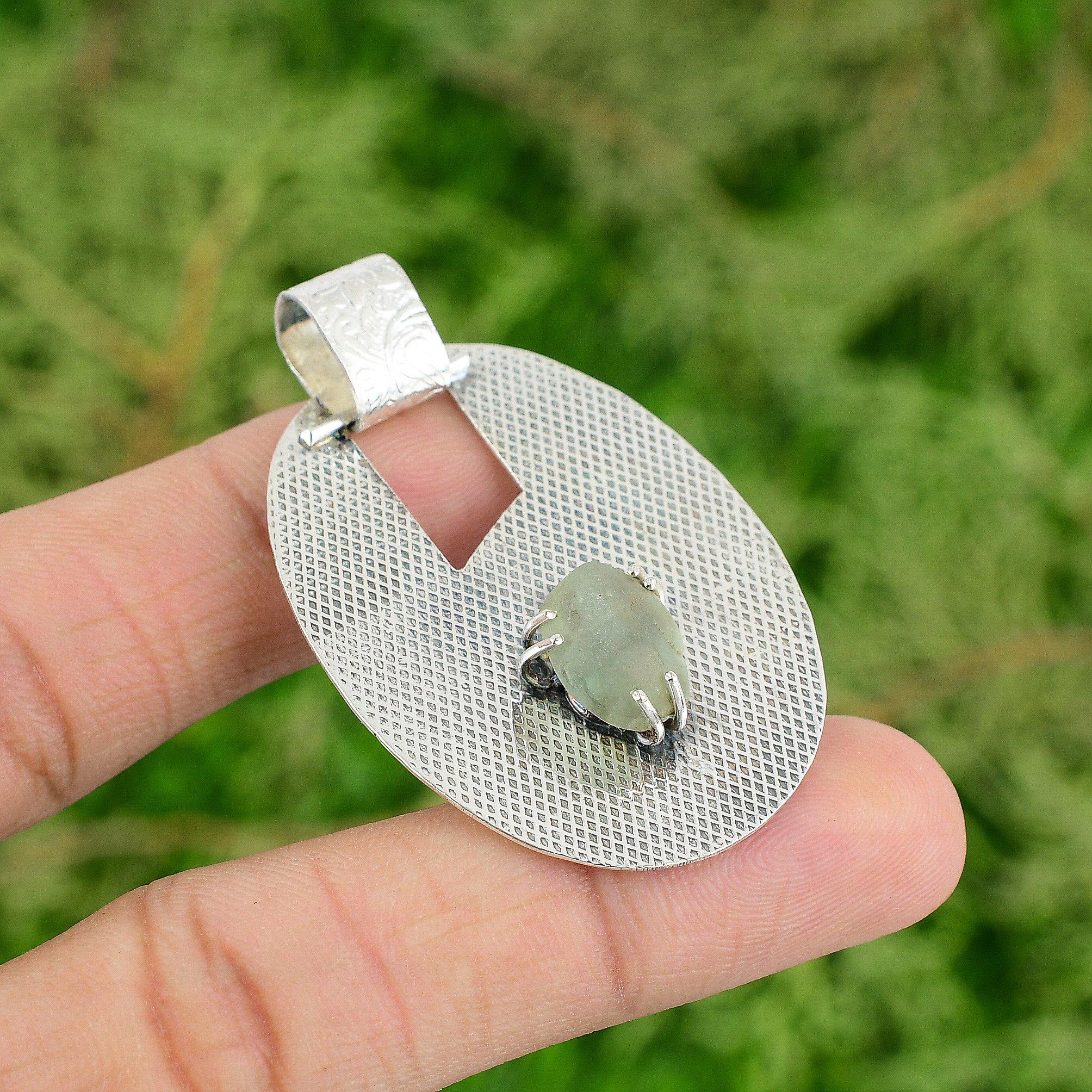 

Octagon Prehnite Rough Gemstone Wedding Sister Handmade Boho Pendant 925 Silver