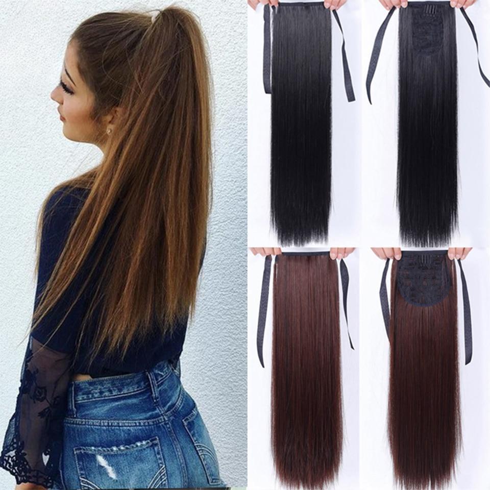 55CM Clip In Drawstring Ponytail Hairpieces for Women Black Brown Heat Resistant Synthetic Long Straight Hair Extension