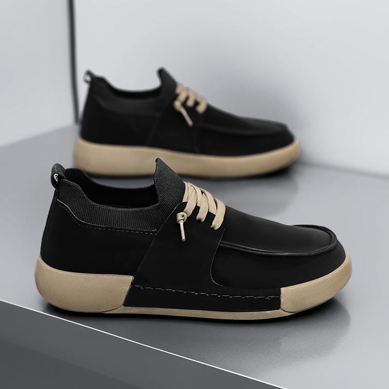 Leather Casual Shoes Men  New Lace-up Thick Sole Casual Sneakers Versatile Leather Muffin Shoes Elevated Male Board Footwear