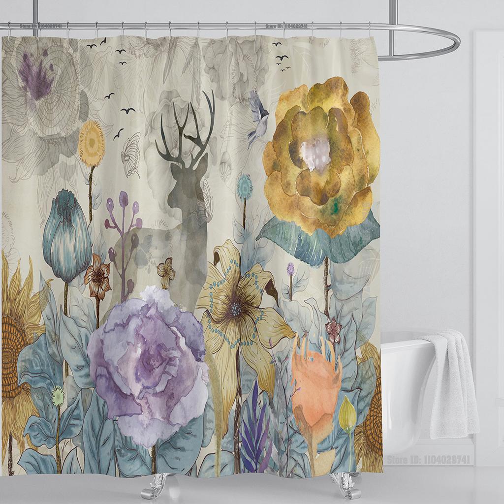 Plante Blomster Dusjforheng Vanntett Dusjforheng Polyesterstoff 3D-trykt Forheng Baderomsdekorasjon Med Kroker