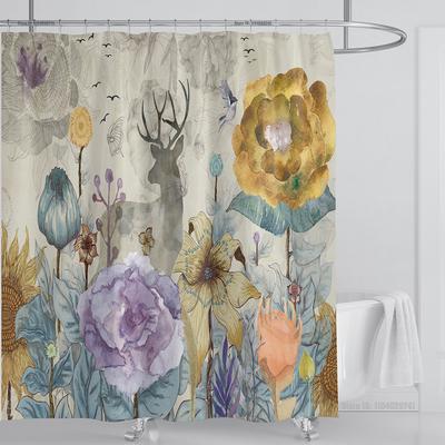 Plant Floral Shower Curtain Waterproof Shower Curtain Polyester Fabric 3D Printed Curtain Bathroom Decoration With Hooks
