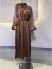2023 Autumn Solid Color Satin Long-Sleeve Loose Dress with Belt for Women