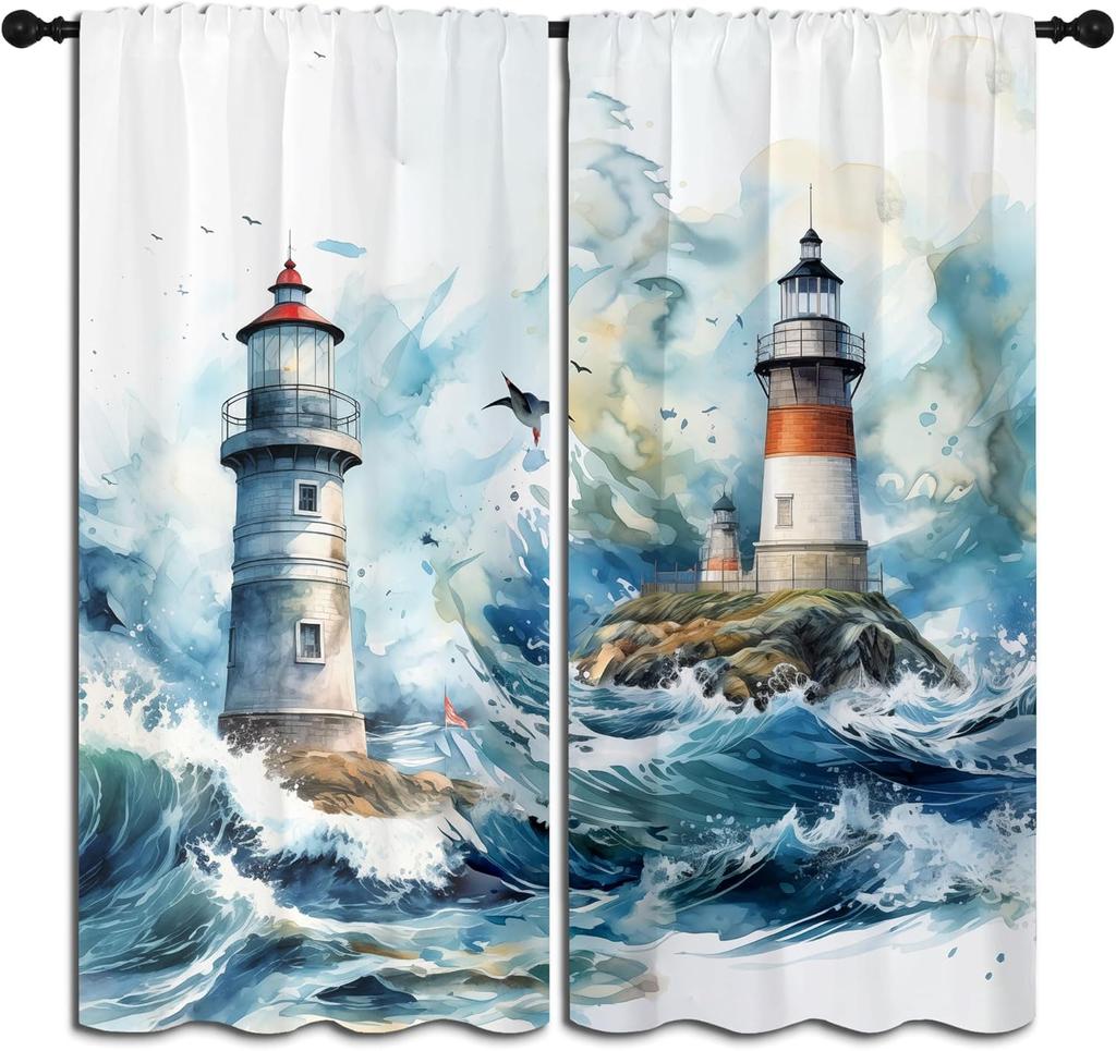 Nautical Lighthouse Rod Pocket Blackout Curta For Boy Girl Bedroom, Waves Seagull Blue Watercolor Art Thermal Insulated Home