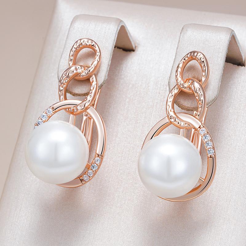 Unique Geometric Pearl English Earrings For Women Luxury Rose Gold Color With Natural Zircon Bridal Wedding Jewelry