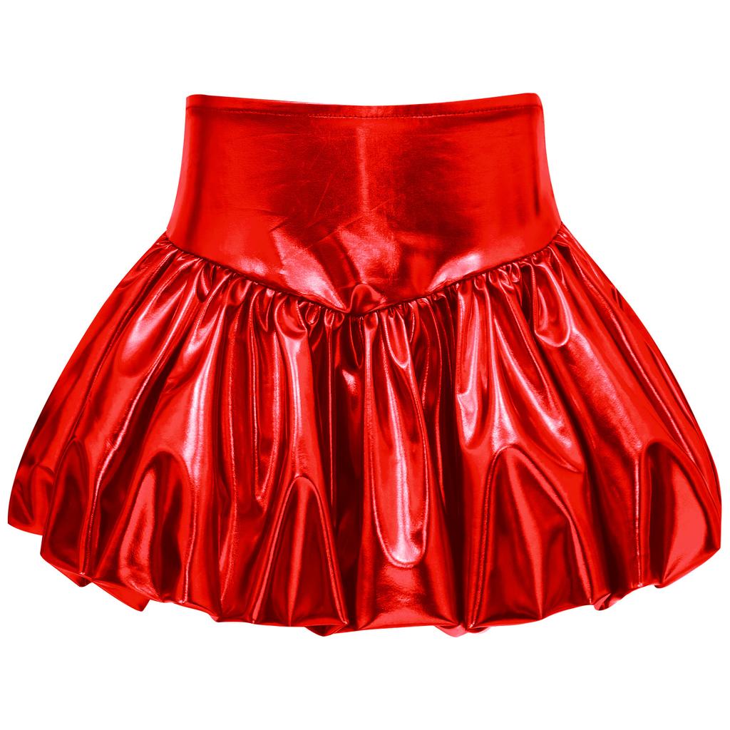 Girls Metallic Bubble Skirt Elastic Waistband Shiny Bud Skirt Sparkly Performance Costume