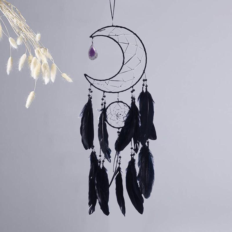 [PL]Moon Dream Catcher Handmade Woven Black Feathers Wall Hanging Dreamcatcher For Home Decor Bedroom Dormitory Room Wall Decor