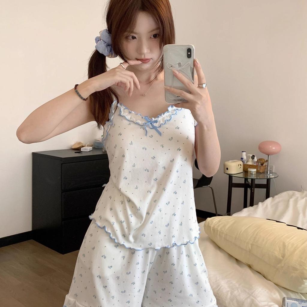 Girl Sweet Little Floral Pajamas Women's Chest Pad Sling Vest Summer Korean Lace Princess Loungewear Set