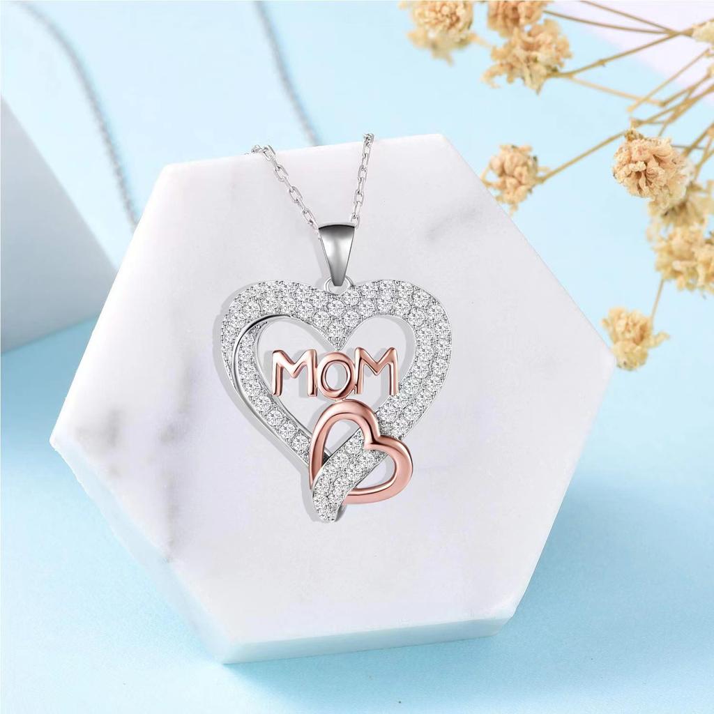 Mother's Day Gift Two Tone Full Rhinestone Heart MOM Pendant Necklace For Women Fashion Jewelry