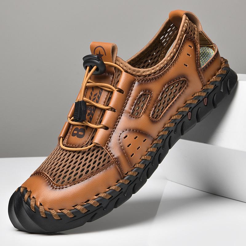 2024 Spring-Summer Men s Mesh Shoes: Trendy, Breathable, Genuine Leather Casual Sandals with Soft Soles 38
