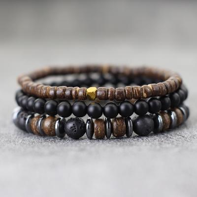 Handmade 3Pcs Men Bracelet Set Natural Coconut Husk Beads Braslet Lava Tiger Eyes Hematite Stone Wrap Braclet Meditation Pulsera