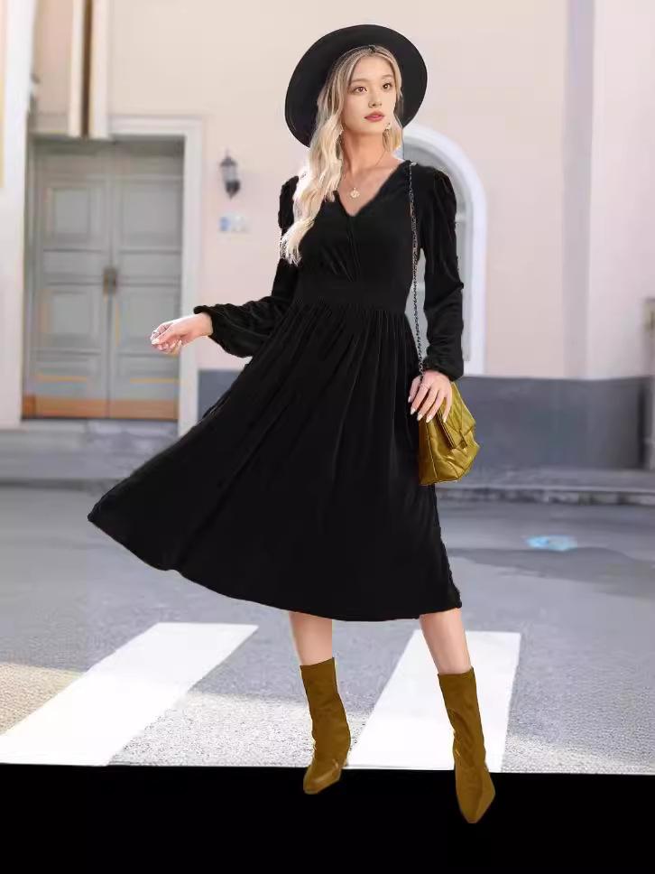 2024 Herbst/Winter Einfarbiges V-Ausschnitt Rüschen Langarm Hohe Taille Kleid für Damen