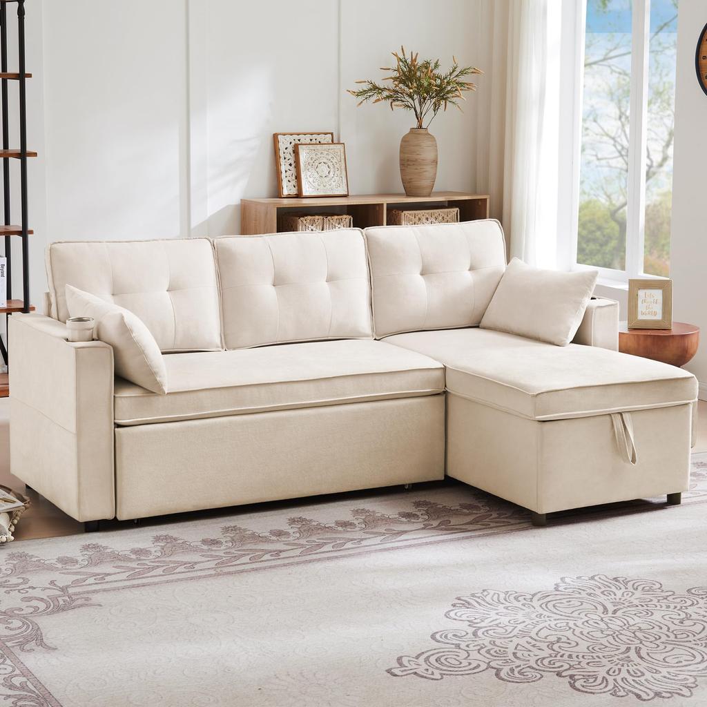 Corner Sofa with Sleep Function: Sofa Bed with Storage, Sleeper Sofa Storage, Cup Holders, Side Pockets, L-shaped, Beige