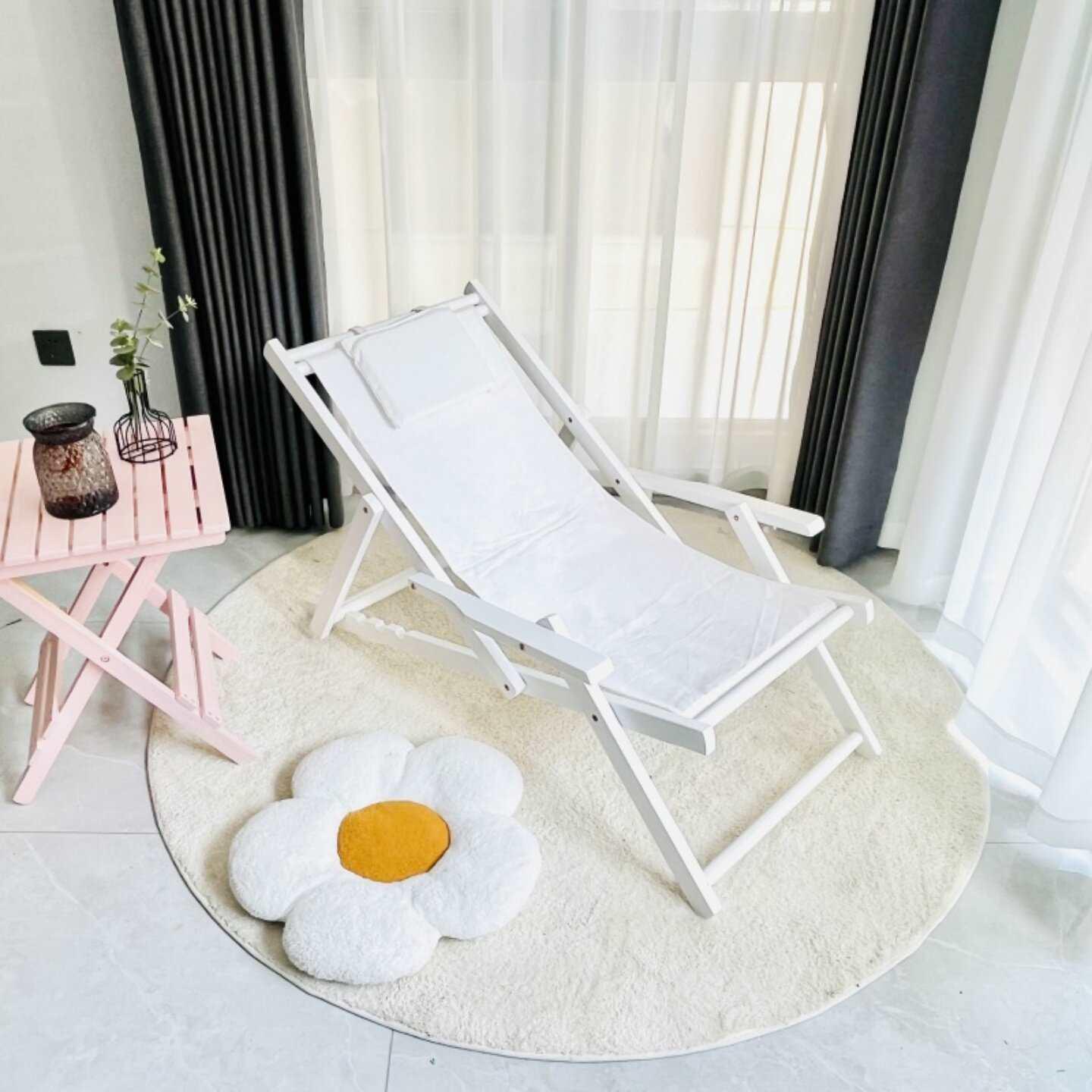 

Solid Wood Folding Outdoor Recliner Chair with Canvas and Portable Armrests for Beach, Nap, or Balcony Leisure.