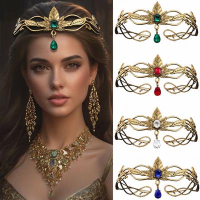 Couronne Royale Ronde Or Vintage Couronne d'Elfes Tiaras Déesse Cristal Bandeau Feuille Vintage Homme Femme Diadème Accessoires Cheveux Mariage