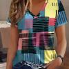 Summer Fashion Comfortable Loose Large T-shirt Striped Grid 3D Printed Casual Breathable Versatile V-neck Short Sleeved Women's T-shirt