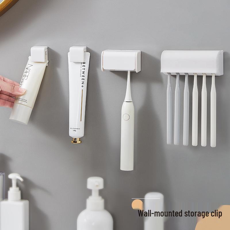Punch-Free Wall-Mounted Toothbrush and Toothpaste Holder - Multifunctional Bathroom Organizer In White