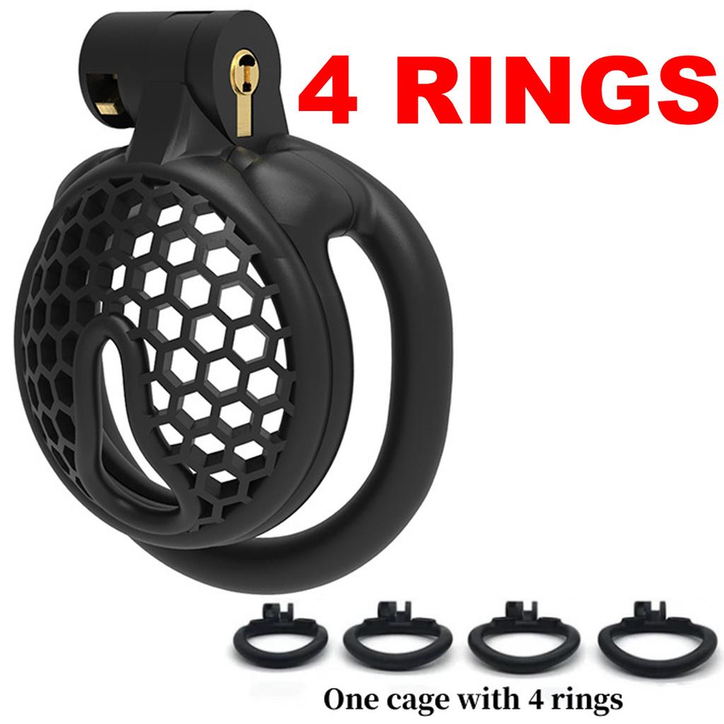 Sissy Male Mini Honeycomb Chastity Lock Breathable BDSM CB Lock Male Chastity Device with 4 Penis Rings Cock Cage Adult Sex Toy