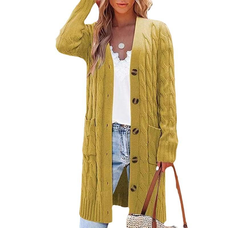 Knitted Pocket Cardigan Autumn Winter Long Cable Knit Button Cardigan Sweater Coat