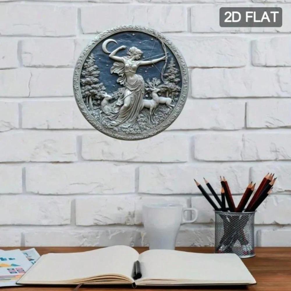 Mondhirsch Artemis Göttin Aluminium Metall Wandkunst Rund 7,8 Zoll Plakette Heimdeko Halloween Geschenk