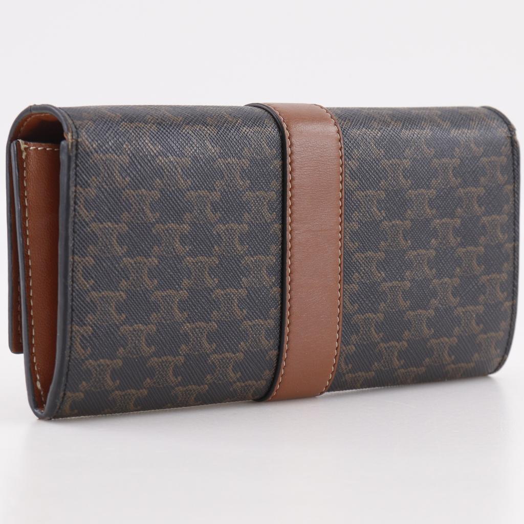 Celine Triomphe Large Flap Wallet Purse Tan Black PVC Women Used