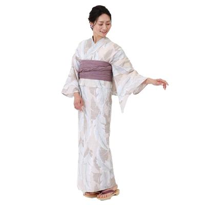 Kyoto Kimono Yuzen Yukata and Obi Set, 2-Piece Set, Beige, Leaf and Banana Pattern, Classic Retro Style