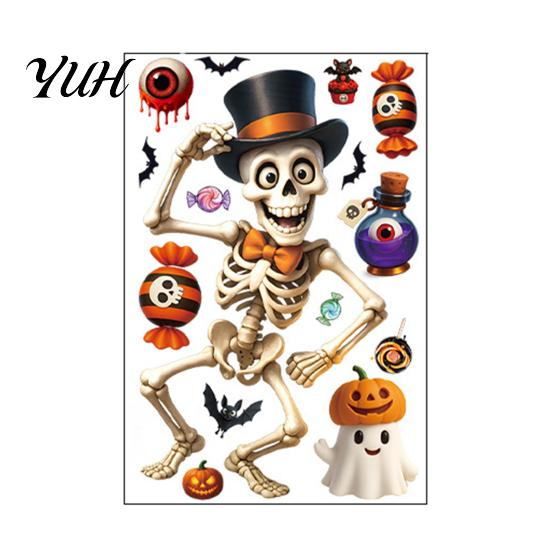 Electrostatic Glue Free Glass Film Halloween Static Window Clings, Removable Decals with Pumpkin Skull Bat Spider Funny Skeleton Jackolantern Stickers