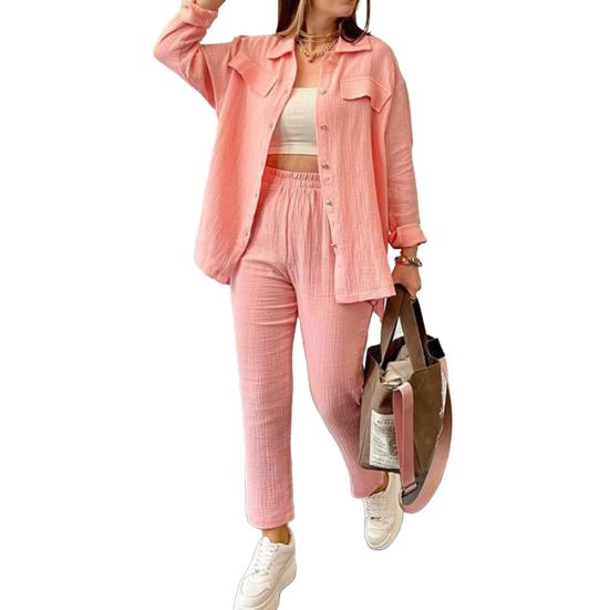 Summer 2 Piece Outfit for Women Oversized Button Down Long Sleeve Shirt And Cropped Pants Set Casual Loungewear Tracksuit