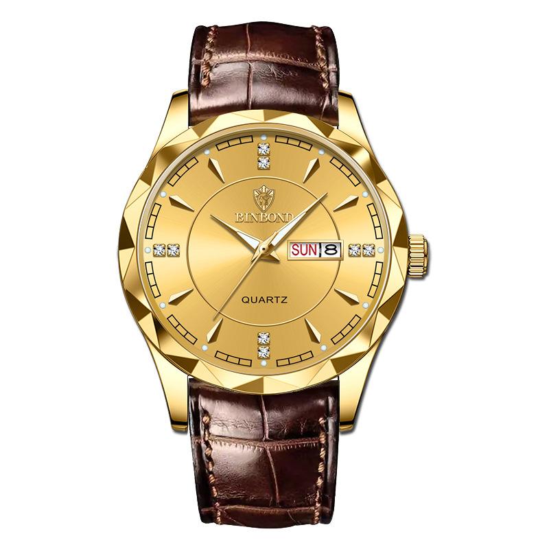Men's Watch Gold Watch Steel Belt Double Calendar Week Quartz Watch Men's Watch