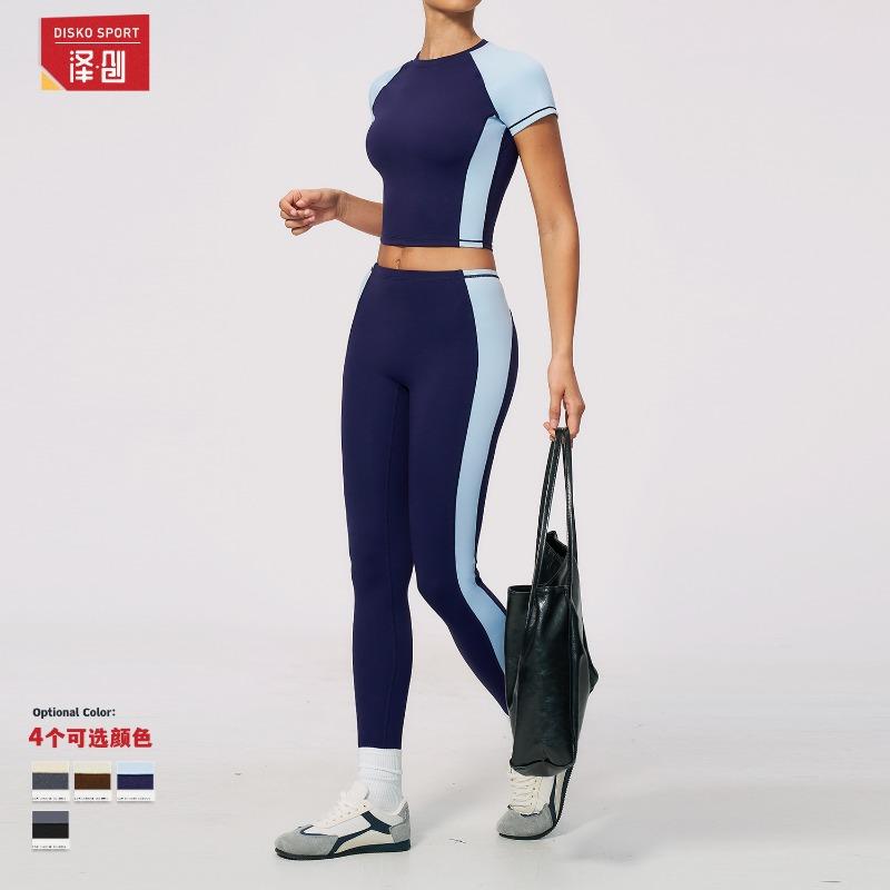 Zechuang nude yoga set for women, crew neck short-sleeve high-waisted pants, high-stretch slim-fit fitness wear