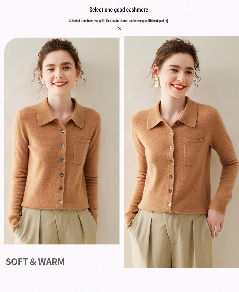Women's Cashmere Polo Collar Knit Top: Versatile Solid Color Cardigan Sweater Coat