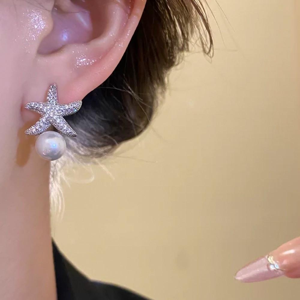 Ocean Style Starfish Starfish Pearl Stud Earrings Crystal Starfish Ear Studs  Girl Couple Gift