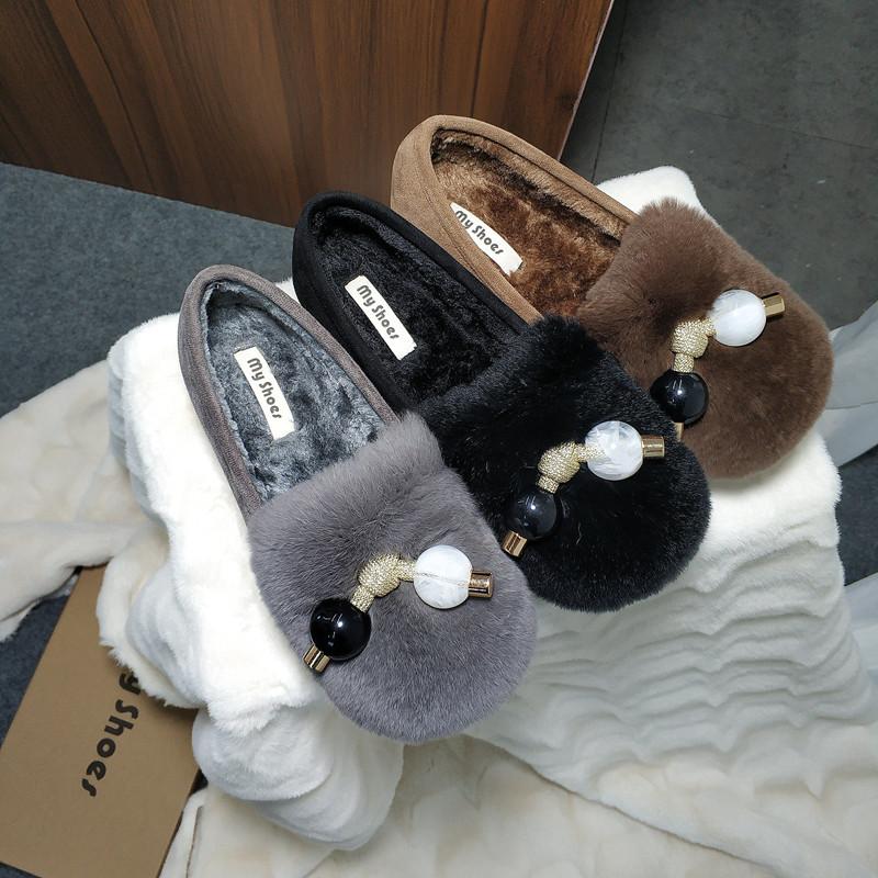 Fashion Two Candy bead fur flats woman cozy warm plush loafers winter cotton shoes women 2025 real rabbit fur moccasins large size 35-42
