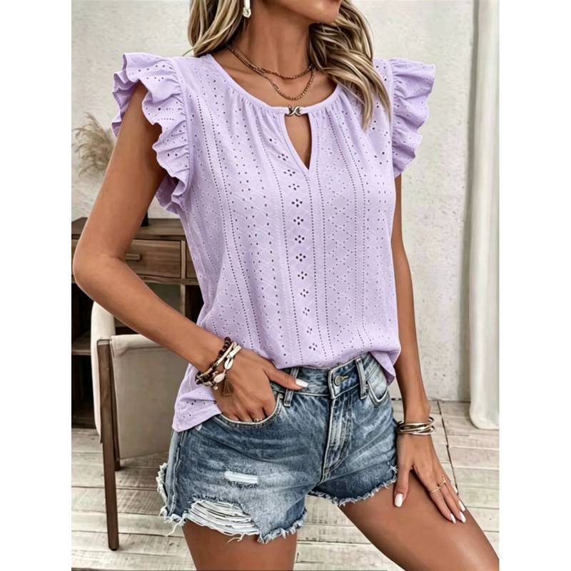 Sommer Damen Polyester Strick Rundhals Rüschenärmel T-Shirt Mit Lockerer Passform Für Freizeitkleidung
