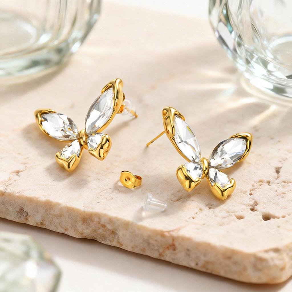 Vnox Trendy Butterfly Zirconia Stud Earrings for Women Stainless Steel Gold Plated Heart Earrings Hypoallergenic Ear Jewelry