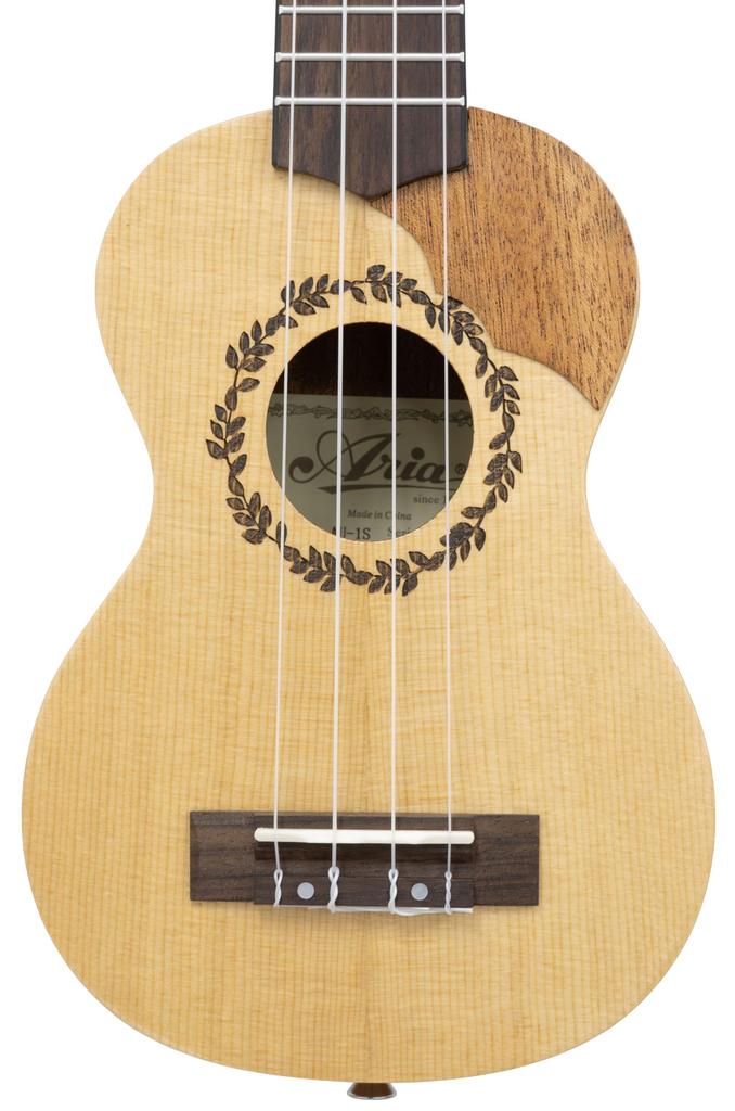 Aria AU-1S Special Order Model Laser-Engraved Pickguard Soprano Ukulele with Bone Nut & Saddle, Aquila Strings, and Spruce Top