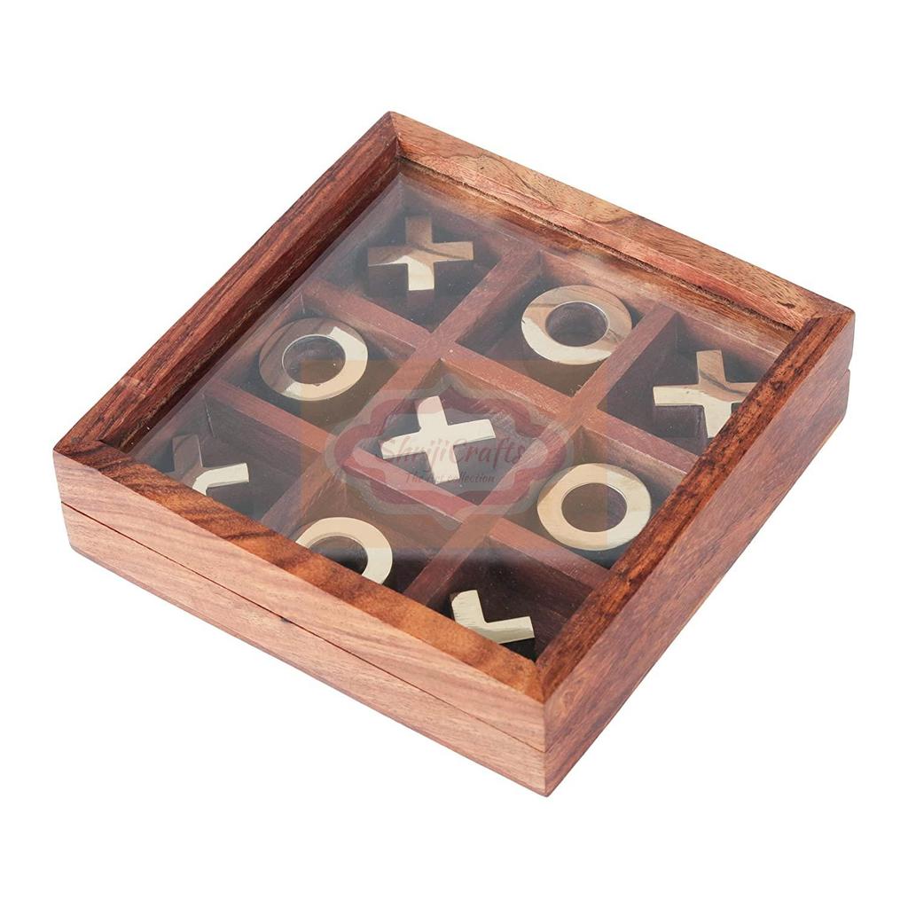 Shriji Crafts Handgefertigtes Holz-Tic-Tac-Toe-Spielset mit Messingeinlagen Klassisches Brettspiel für alle Altersgruppen Geschenke Weihnachten Neujahr