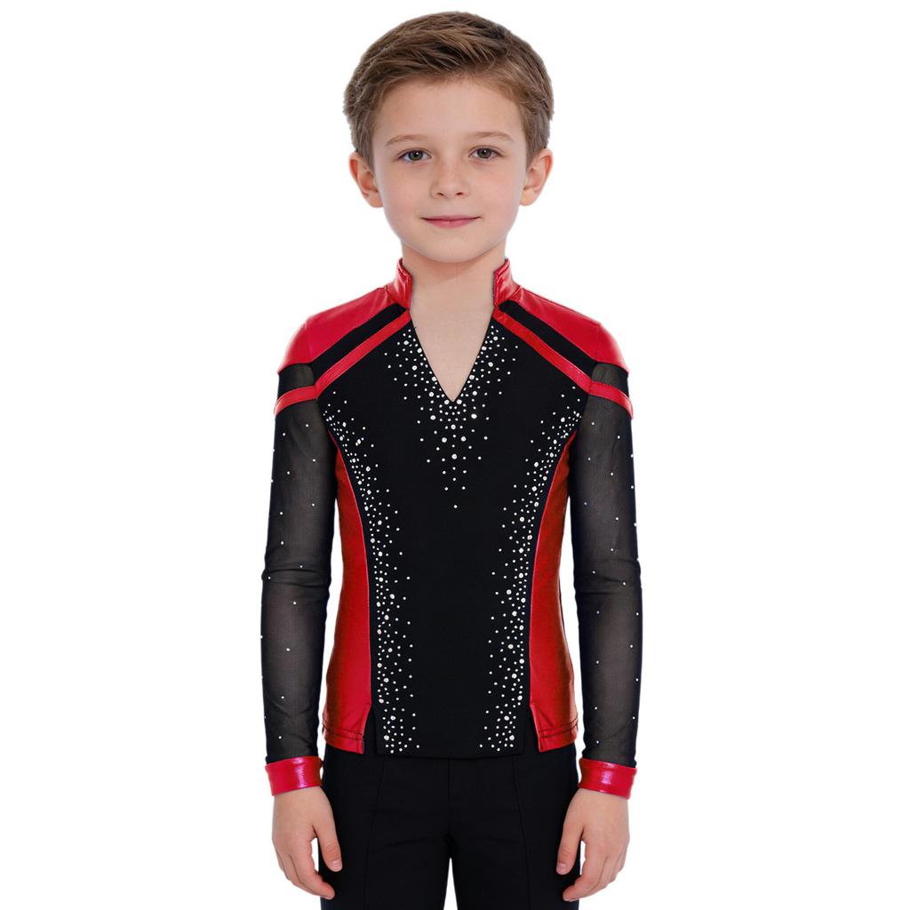 Boys V Neck Long Sleeve Shiny Metallic Color Block Figure Skating Top
