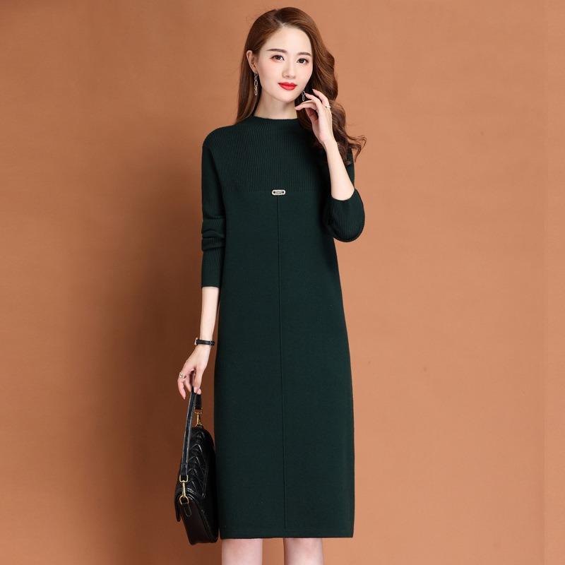 Knitted Dress Medium and Long Sweater Women's Autumn and Winter New Loose and Thin Semi-round Neck Bottoming Sweater Skirt